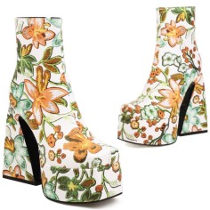 Square Toe Chunky Heels Flower Pattern Ankle High Zipper Platforms Autumn Boots - Yellow