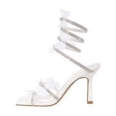 Peep Toe Kitten Heels Rhinestones Butterfly Gladiator Straps Sandals - White