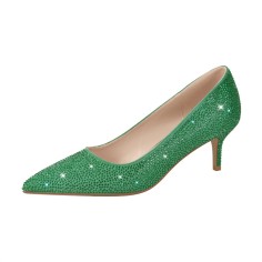 Pointed Toe Low Kitten Heels Rhinestones Pumps - Green