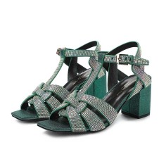 Square Toe Chunky Heels Ankle Buckle T Straps Water Diamond Glitters Beach Shoes Sandals - Army Green Leather