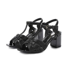 Square Toe Chunky Heels Ankle Buckle T Straps Water Diamond Glitters Beach Shoes Sandals - Black Leather
