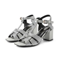 Square Toe Chunky Heels Ankle Buckle T Straps Water Diamond Glitters Beach Shoes Sandals - Silver Leather