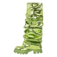 Round Toe Chunky Heels Knee High Mid Calf Fold Over Metallic Boots - Green