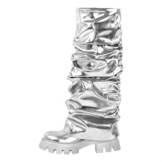 Round Toe Chunky Heels Knee High Mid Calf Fold Over Metallic Boots - Silver