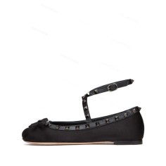 Round Toe Rivet Decorated Bowknot Flats Ankle Straps Ballets - Black