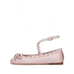Round Toe Rivet Decorated Bowknot Flats Ankle Straps Ballets - Pink