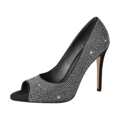 Peep Toe Stiletto Heels Rhinestones Summer Classic Pumps - Black