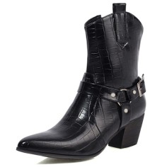 Pointed Toe Chunky Heels Ankle High Crocodile Pattern Ring with Buckle Straps Decorated Cowboy Cowgirl Booties - Black