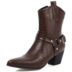 Pointed Toe Chunky Heels Ankle High Crocodile Pattern Ring with Buckle Straps Decorated Cowboy Cowgirl Booties - Auburn