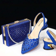 Peep Toe Rhinestones Chunky Heels Slingback Sandals Pumps with Bag  - Blue Synthetic