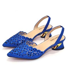 Peep Toe Rhinestones Chunky Heels Slingback Sandals Pumps - Blue Synthetic
