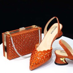 Peep Toe Rhinestones Chunky Heels Slingback Sandals Pumps with Bag  - Orange Synthetic