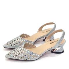 Peep Toe Rhinestones Chunky Heels Slingback Sandals Pumps - Silver Synthetic