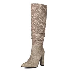 Pointed Toe Plaited Design Elegant Knee Highs Slip On Chunky Heels Boots - Apricot Tan Fabric