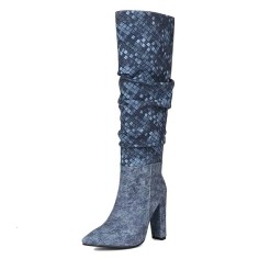 Pointed Toe Plaited Design Elegant Knee Highs Slip On Chunky Heels Boots - Blue Fabric
