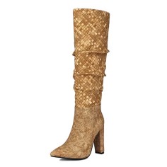 Pointed Toe Plaited Design Elegant Knee Highs Slip On Chunky Heels Boots - Yellow Fabric