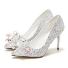 Pointed Toe Stiletto Heels Rhinestones Glitters Cinderella Wedding Pumps - White