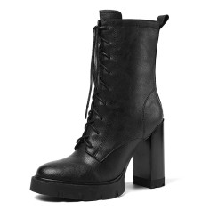 Round Toe Chunky Heels Low Platforms Classics Lace Up Stylish Boots - Black
