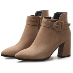Pointed Toe Chunky Heels Ankle Buckle Straps Ankle High Warm Season Suede Zipper Booties  - Apricot Tan