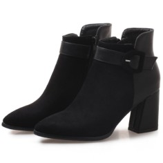 Pointed Toe Chunky Heels Ankle Buckle Straps Ankle High Warm Season Suede Zipper Booties  - Black