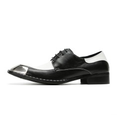 Paneled Square Iron Toe Genuine Leather Lace Up Oxford Loafers - Black White