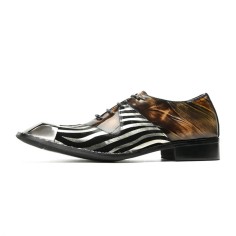Paneled Square Iron Toe Genuine Leather Lace Up Oxford Loafers - Brown