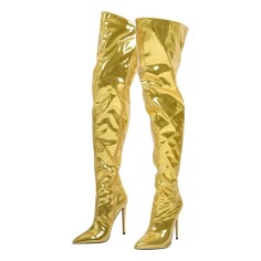 Pointed Toe Stiletto Heels Over Thee Knee Metallic Zipper Boots - Gold