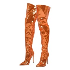Pointed Toe Stiletto Heels Over Thee Knee Metallic Zipper Boots - Orange