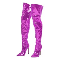 Pointed Toe Stiletto Heels Over Thee Knee Metallic Zipper Boots - Purple