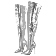 Pointed Toe Stiletto Heels Over Thee Knee Metallic Zipper Boots - Silver
