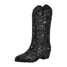 Pointed Toe Chunky Heels Pull On Glitters Blings Western Cowgirl Booties - Black