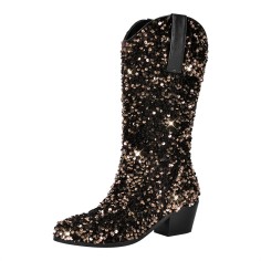 Pointed Toe Chunky Heels Pull On Glitters Blings Western Cowgirl Booties - Bronze