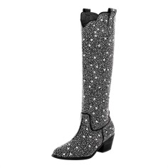 Pointed Toe Chunky Heels Pull On Rhinestones Beads Western Boots - Black