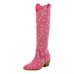Pointed Toe Chunky Heels Pull On Rhinestones Beads Western Boots - Pink