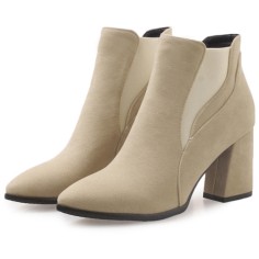 Pointed Toe Chunky Heels Ankle High Chelsea Booties  - Beige