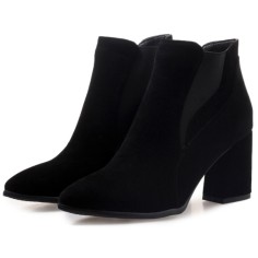 Pointed Toe Chunky Heels Ankle High Chelsea Booties  - Black