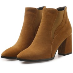 Pointed Toe Chunky Heels Ankle High Chelsea Booties  - Yellow