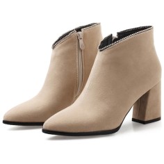 Pointed Toe Chunky Heels Ankle High Rhinestones Side Zipper Booties  - Beige