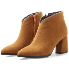Pointed Toe Chunky Heels Ankle High Rhinestones Side Zipper Booties  - Yellow