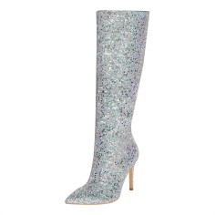 Pointed Toe Stiletto Heels Concise Side Zipper Glitters Knee Highs Boots - Silver
