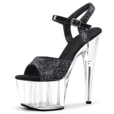 Peep Toe Transparent Stiletto Heels Bling Sequined Cloth Ankle Buckle Straps Platforms Pumps - Black