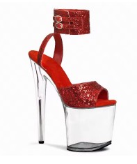 Peep Toe Transparent Stiletto Heels Bling Sequined Cloth Ankle Buckle Straps Platforms Pumps - Red