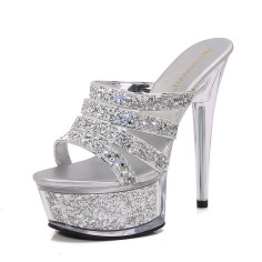 Peep Toe Stiletto Heels Crystal Glitters Transparent Platforms Sandals - Silver Sequined Cloth
