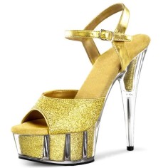 Peep Toe Stiletto Heels Bling Sequined Cloth Ankle Buckle Straps Platforms Pumps - Yellow