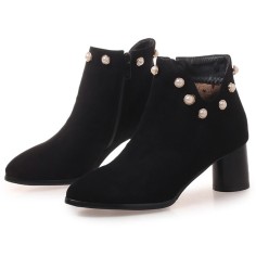 Pointed Toe Chunky Heels Ankle High Faux Pearls Side Zipper Booties - Black
