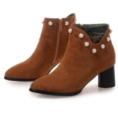 Pointed Toe Chunky Heels Ankle High Faux Pearls Side Zipper Booties - Yellow