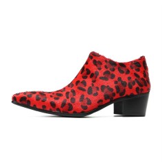 Pointed Toe Chunky Heels Leopard Side Zipper Suede Genuine Leather Loafers - Red