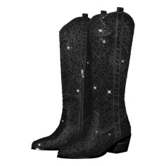 Pointed Toe Chunky Heels Pull On Rhinestones Beads Western Boots - Black