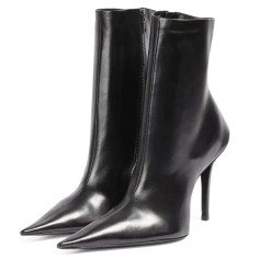 Pointed Toe Stiletto Heels Side Zipper Ankle High Gothic Boots - Black
