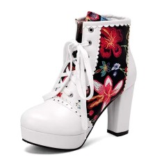 Round Toe Block Heels Printed Platforms Lace Up Flowers Ankle Highs Boots - White Black Faux Leather